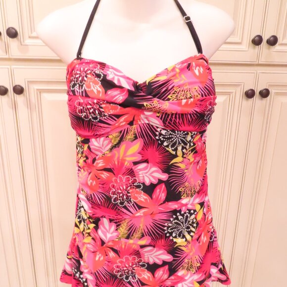 NEW Sunshine Zone Red Floral Halter Swimsuit Sz M (8/10) Tropical Retro - Picture 1 of 6